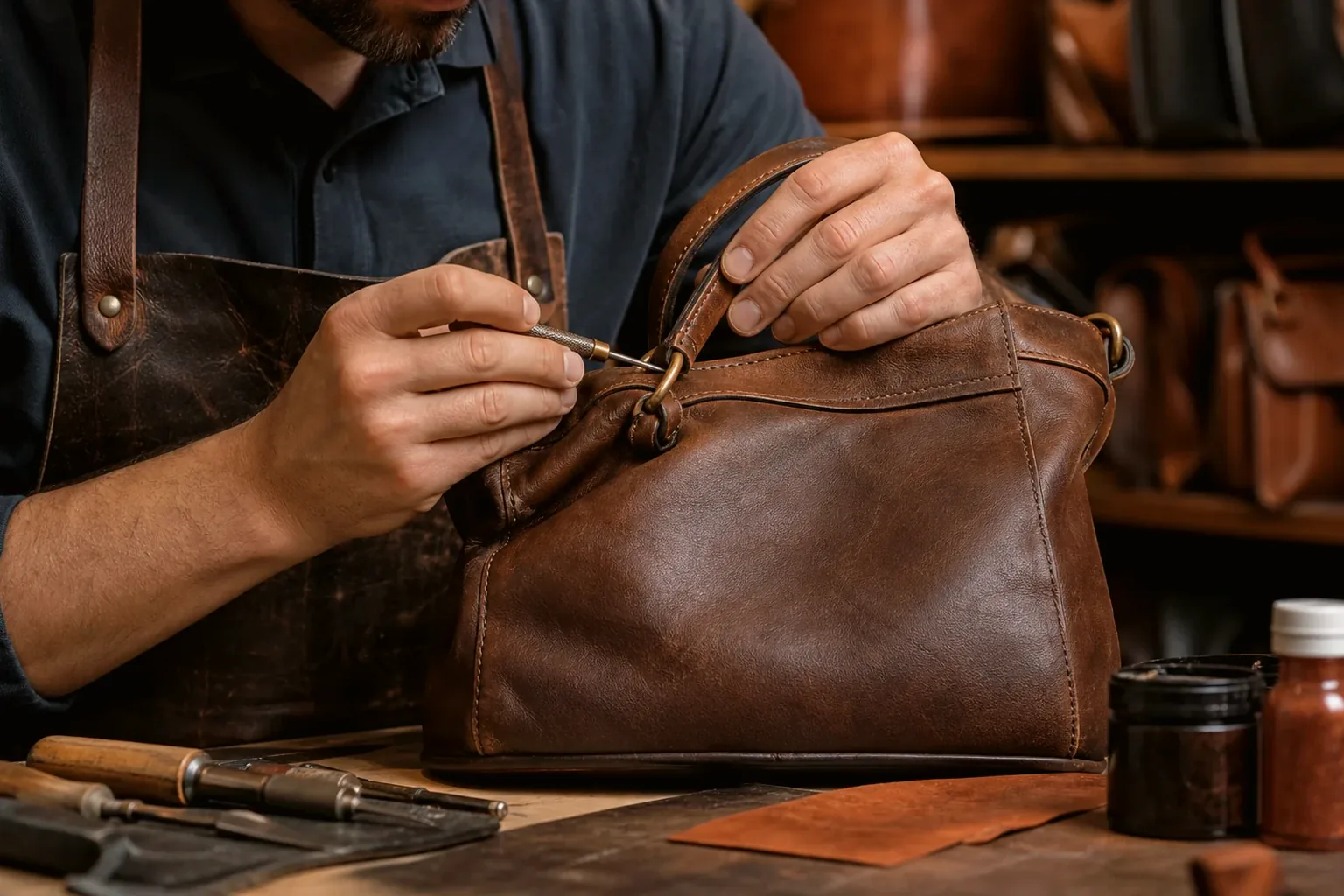 Sapateiro reformando uma bolsa de couro em Caxias do Sul.